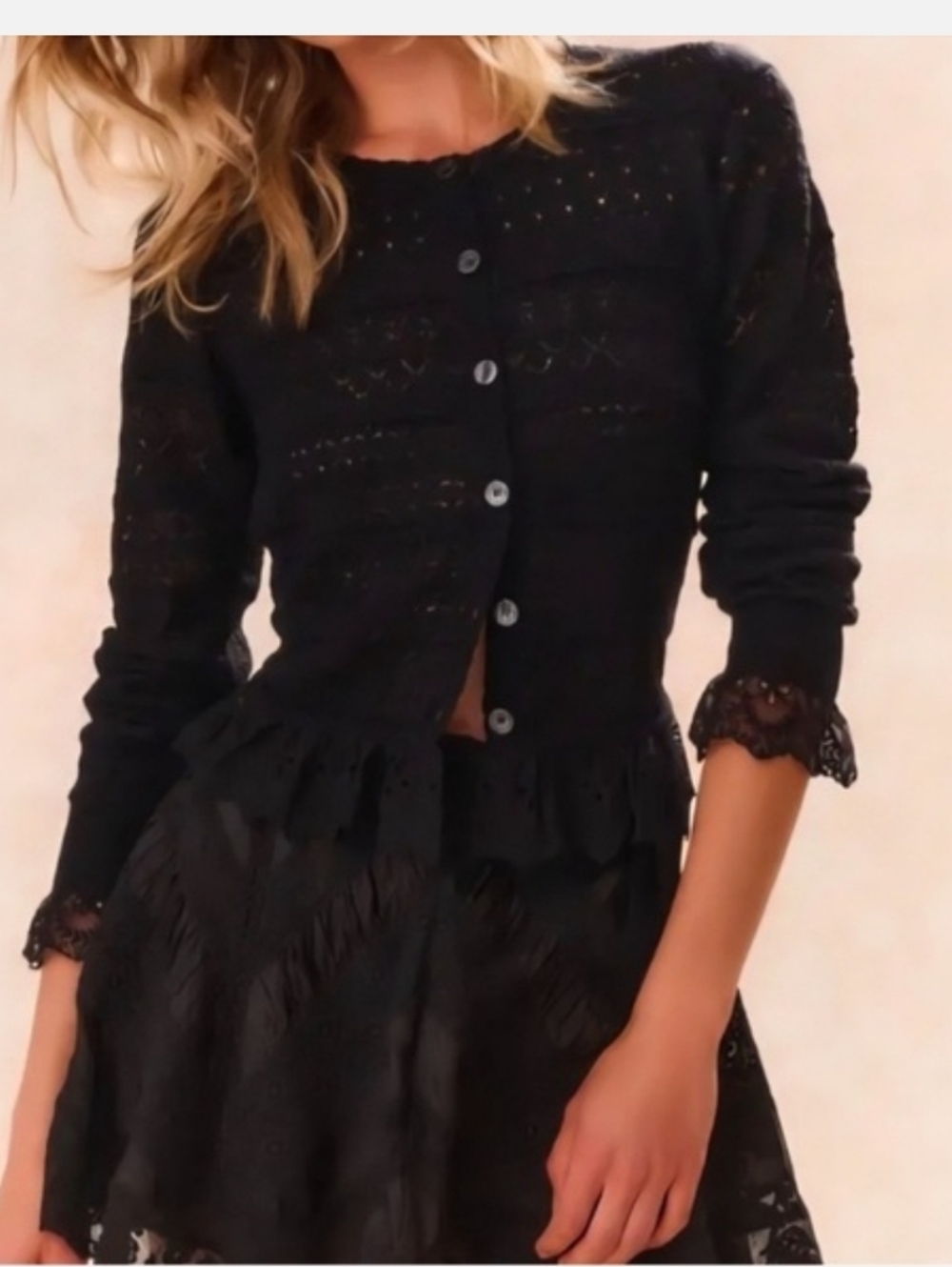 Caroline Constas Black Lace-Trim Button Cardigan Small NWT